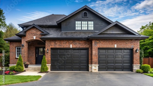 Large brick house with a black garage door , home, residential, architecture, brick, garage, door, black, exterior