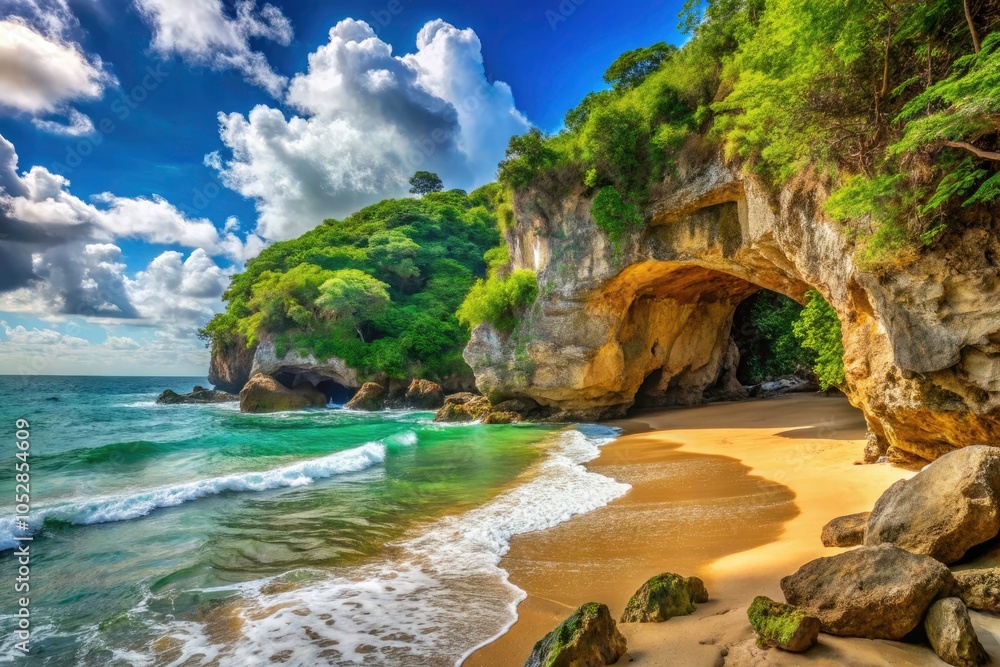 Fototapeta premium Urban Exploration of Aguadilla's Survival Beach Caves: Stunning Rock Formations on Puerto Rico's Northwest Coast