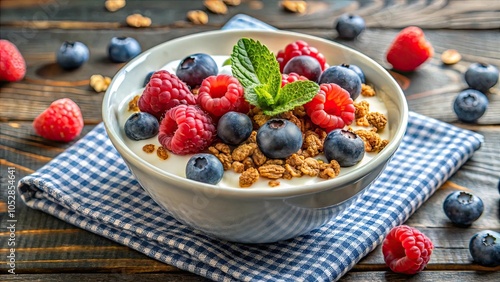 Bowl of yogurt with granola, dry raspberries, and blueberries, a healthy breakfast for dieting and weight loss