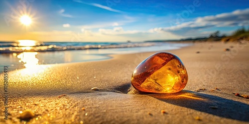 Fototapeta Naklejka Na Ścianę i Meble -  Amber shining on a sandy beach in the Baltic Sea , amber, beach, Baltic Sea, gemstone, sunlight, shore, Baltic coast