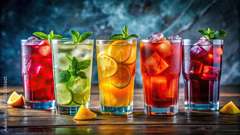 Colorful cold drinks with ice cubes in glasses, perfect for cooling off in summer , beverages, refreshment Colorful cold drinks with ice cubes in glasses, perfect for cooling off in summer , beverages, refreshment