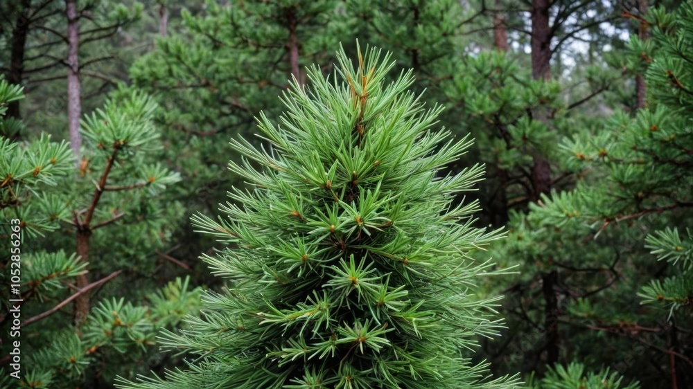 Tall evergreen pine tree with thick green needles and a conical shape, growth, woodland Tall evergreen pine tree with thick green needles and a conical shape, growth, woodland