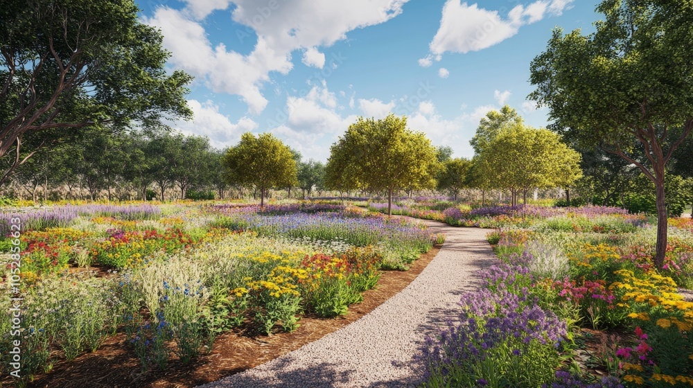 A regenerative orchard with diverse fruit trees and shrubs, surrounded by wildflowers that attract pollinators. A regenerative orchard with diverse fruit trees and shrubs, surrounded by wildflowers that attract pollinators.