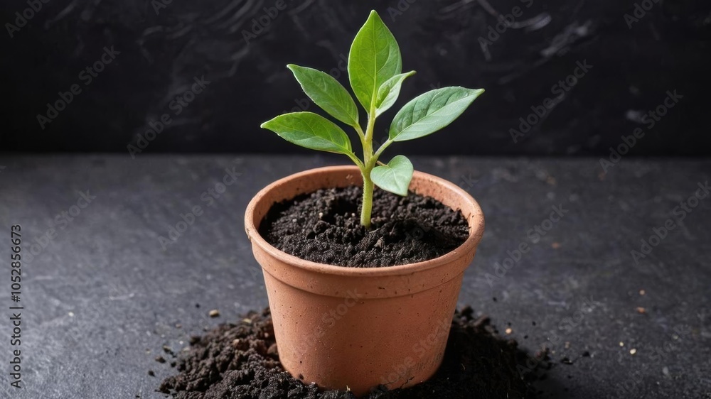 Close-up of a small seedling potted plant with green leaves and fresh soil, spring, botany Close-up of a small seedling potted plant with green leaves and fresh soil, spring, botany