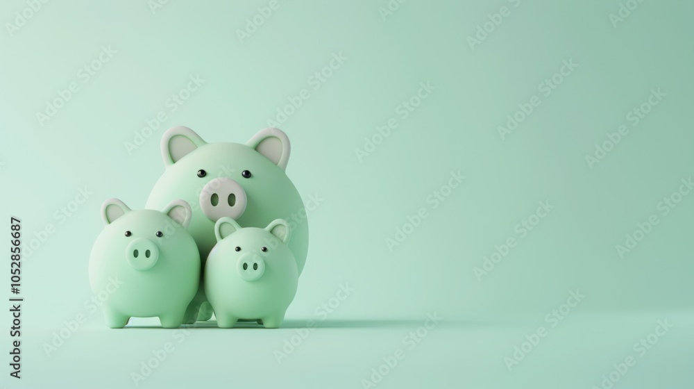 Cute piggy bank family on a pastel background Cute piggy bank family on a pastel background