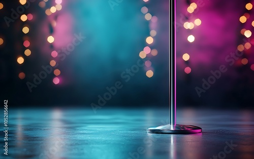 Wallpaper Mural A polished dance pole stands on a reflective surface, surrounded by colorful lights, creating a vibrant and dynamic atmosphere. Torontodigital.ca