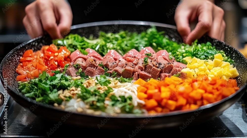 Close-up of a Bowl of Diced Steak, Tomatoes, Carrots, and Yellow Peppers Close-up of a Bowl of Diced Steak, Tomatoes, Carrots, and Yellow Peppers
