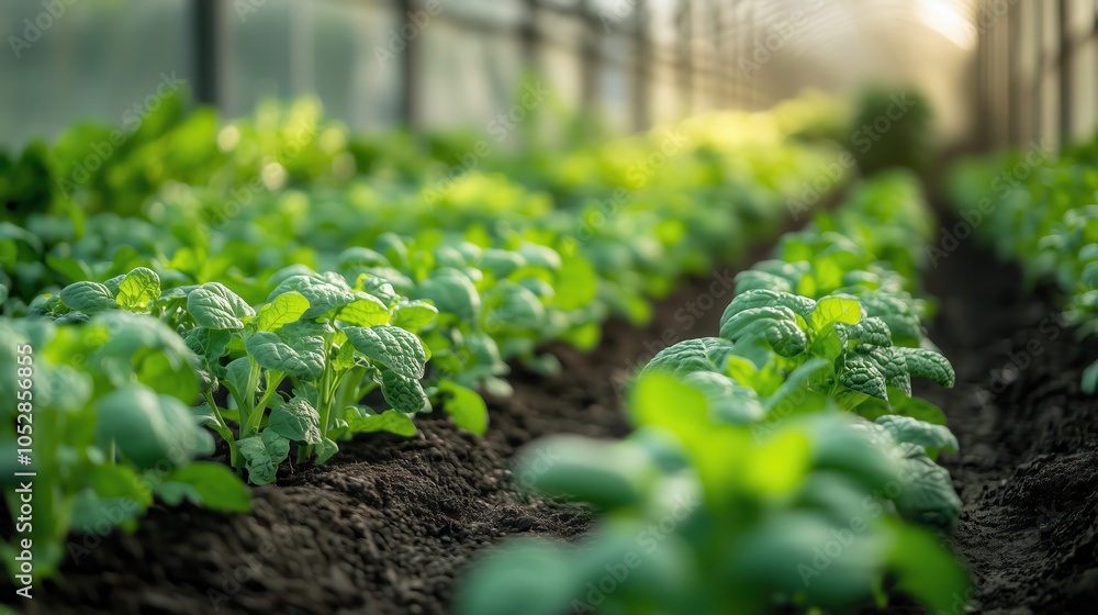 Green seedlings in organic farm soil. Young green seedlings growing in rich, dark soil in an organic farm greenhouse, symbolizing sustainable agriculture and eco-friendly farming practices. Green seedlings in organic farm soil. Young green seedlings growing in rich, dark soil in an organic farm greenhouse, symbolizing sustainable agriculture and eco-friendly farming practices.