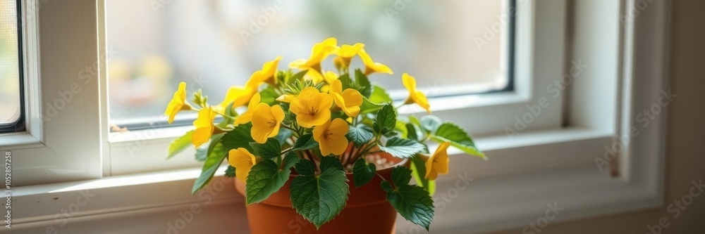 A beautiful primrose potted plant sitting on a sunny windowsill, showcasing vibrant yellow blossoms and lush green leaves, windowsill, yellow A beautiful primrose potted plant sitting on a sunny windowsill, showcasing vibrant yellow blossoms and lush green leaves, windowsill, yellow