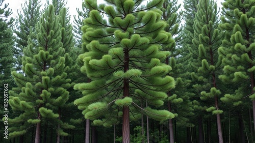 Tall pine tree standing in a lush green forest, with a dense canopy of needles and a thick trunk, green, pine needles