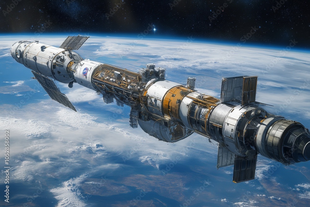A rocket docking with a space station in low Earth orbit, with astronauts inside preparing for a deep-space mission. A rocket docking with a space station in low Earth orbit, with astronauts inside preparing for a deep-space mission.