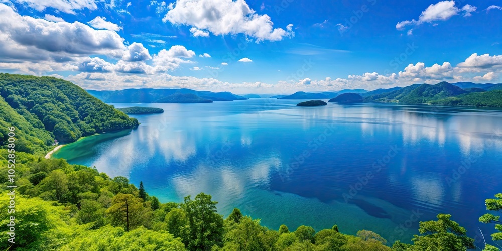 Obraz premium Scenic view of Lake Towada in Aomori Prefecture on a sunny day in August, Aomori, Japan, Lake Towada, landscape, scenic, nature