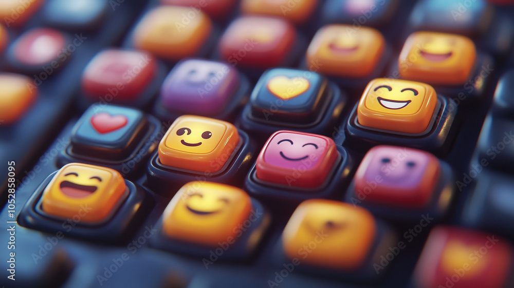 CU Macro of colorful pastel keyboard where every key is a different happy emoji. CU Macro of colorful pastel keyboard where every key is a different happy emoji.