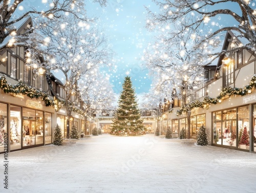 Quiet American village with holiday lights and a decorated Christmas tree in the town center