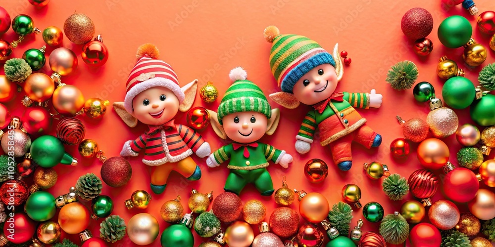 Fototapeta premium Cheerful elves surrounded by colorful ornaments on a vibrant coral background, elves, hats, green, red, cheerful, vibrant