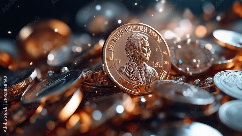 Shiny coins scattered across a surface with a prominent coin featuring a historical figure in focus under soft lighting Shiny coins scattered across a surface with a prominent coin featuring a historical figure in focus under soft lighting
