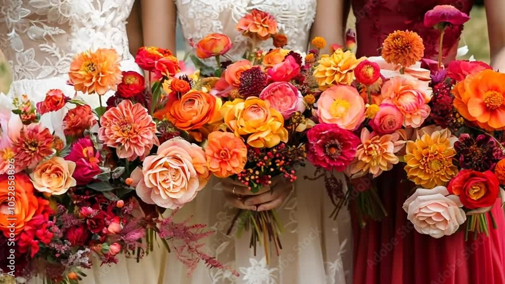 Three bridesmaids stand side by side, each holding a stunning bouquet filled with bright orange, red, and pink flowers, celebrating a joyful moment at an autumn wedding Three bridesmaids stand side by side, each holding a stunning bouquet filled with bright orange, red, and pink flowers, celebrating a joyful moment at an autumn wedding