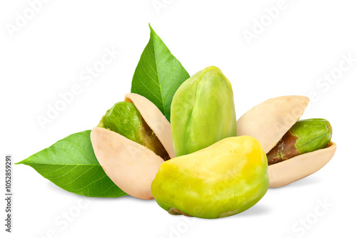 Wallpaper Mural Pistachios and green leaves on white background. Tasty nut Torontodigital.ca