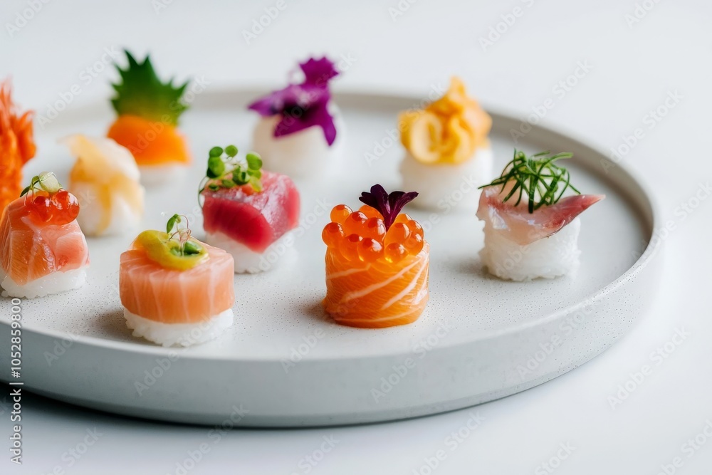 Studio lighting focusing on a refined Sashimi Tasting Menu, with small bites of sashimi arranged elegantly on a minimalist plate Studio lighting focusing on a refined Sashimi Tasting Menu, with small bites of sashimi arranged elegantly on a minimalist plate