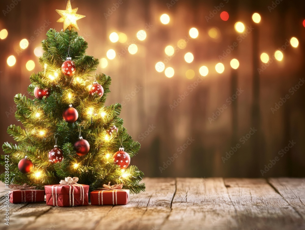 Rustic Christmas tree with homemade American ornaments in a mountain cabin Rustic Christmas tree with homemade American ornaments in a mountain cabin
