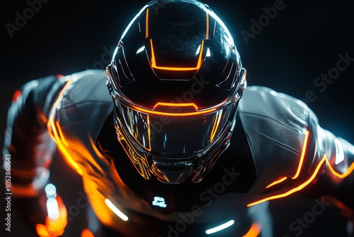 Dynamic football player in a futuristic helmet showcasing intensity during an action-packed moment on the field at night photo