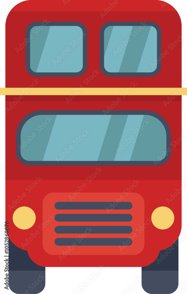 Red double decker bus, a symbol of london and public transportation, is standing on a white background in a front view Red double decker bus, a symbol of london and public transportation, is standing on a white background in a front view