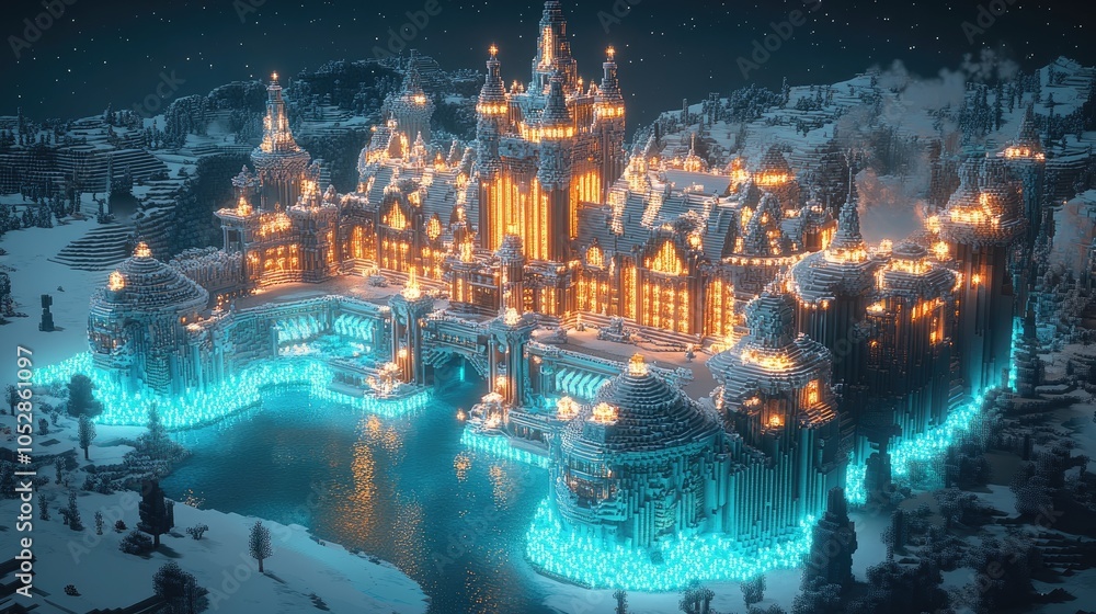 Fototapeta premium A grand, illuminated castle stands on a snowy hill, with a bridge leading to a glowing blue river.