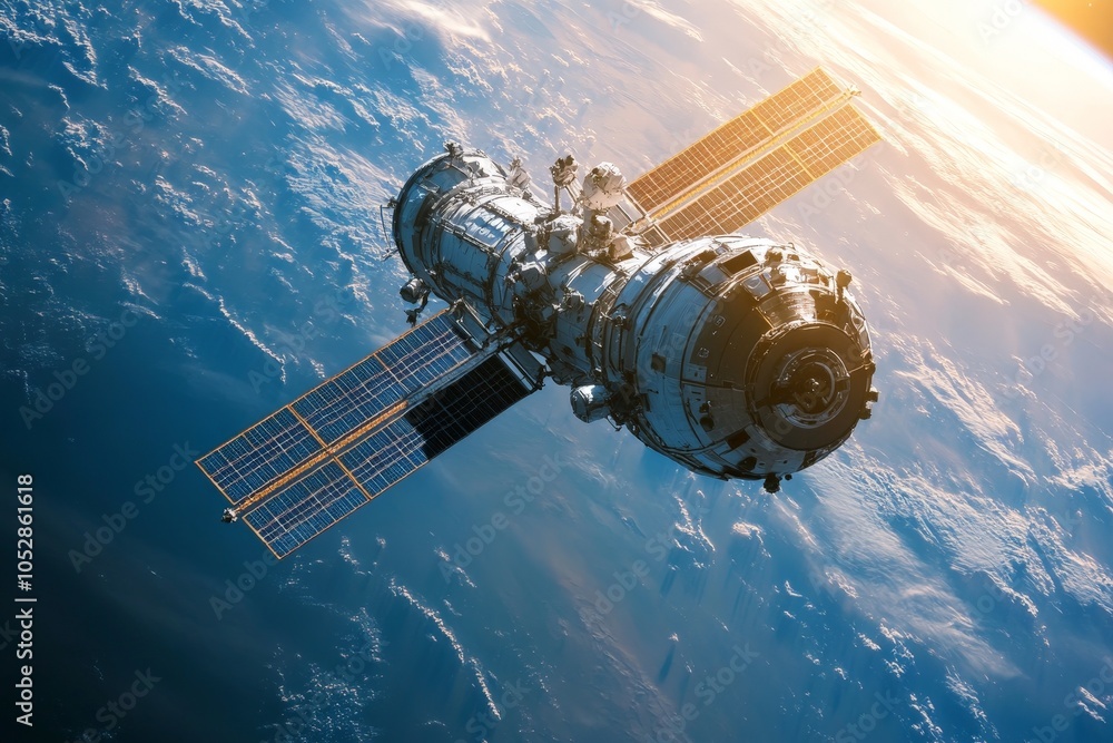 A space station floating above a beautiful blue planet, with solar panels glistening in the sunlight and astronauts performing a spacewalk. A space station floating above a beautiful blue planet, with solar panels glistening in the sunlight and astronauts performing a spacewalk.