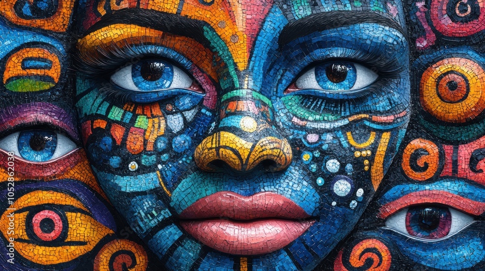 Colorful face art featuring intricate designs and multiple eyes. Colorful face art featuring intricate designs and multiple eyes.