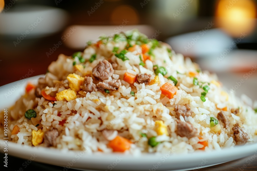 Delicious plate of egg fried rice with fresh vegetables and tender meat served in a cozy dining setting Delicious plate of egg fried rice with fresh vegetables and tender meat served in a cozy dining setting