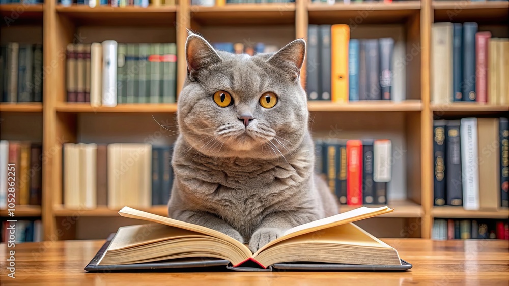 Cute British shorthair cat reading book in front of bookshelf, cat, British shorthair, reading, book, bookshelf, cute, domestic Cute British shorthair cat reading book in front of bookshelf, cat, British shorthair, reading, book, bookshelf, cute, domestic