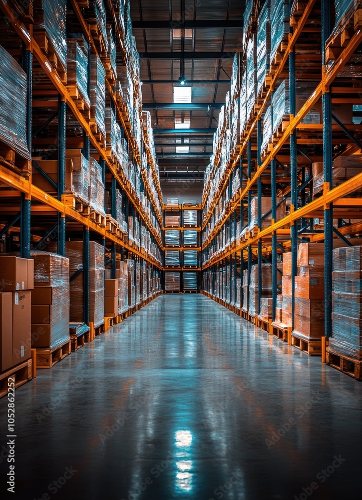 Fototapeta premium A long aisle in a warehouse with shelves stacked high with boxes.