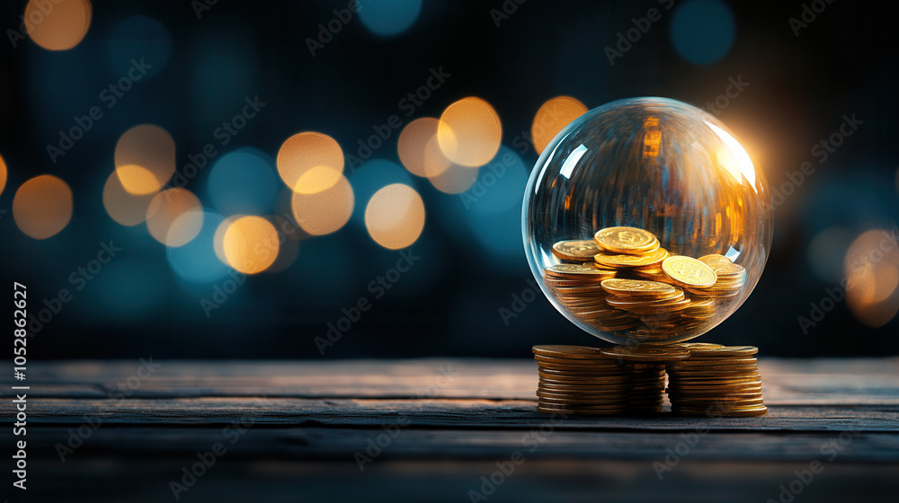 crystal ball filled with gold coins symbolizes wealth and fortune, surrounded by dreamy bokeh background that enhances its mystical allure crystal ball filled with gold coins symbolizes wealth and fortune, surrounded by dreamy bokeh background that enhances its mystical allure