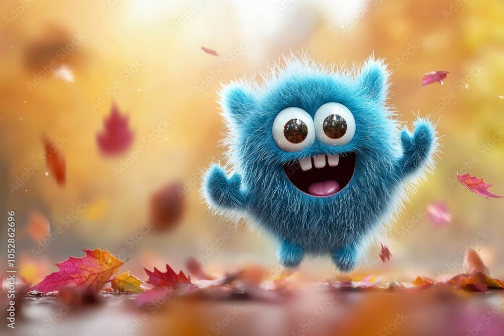 A blue monster is jumping in the air with leaves falling around it A blue monster is jumping in the air with leaves falling around it