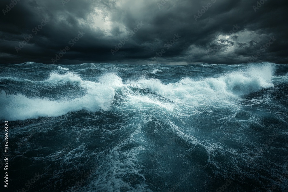 Fototapeta premium A stormy, turbulent sea with crashing waves and dark clouds overhead, symbolizing anger's unpredictable and destructive nature.