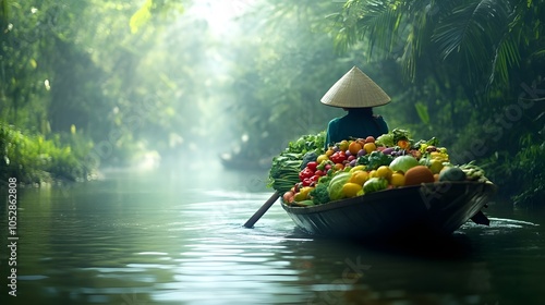 Woman in Conical Hat on Boat Full of Vegetables. photo