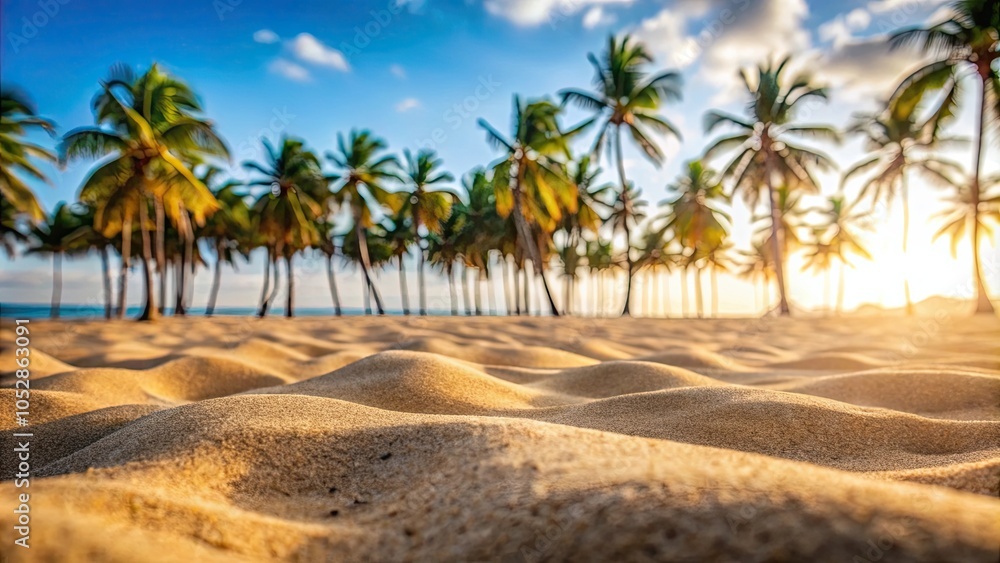 Obraz premium Selective focus on sand with blurred Palm on beach bokeh background, sand, selective focus, blurred, palm, beach, bokeh