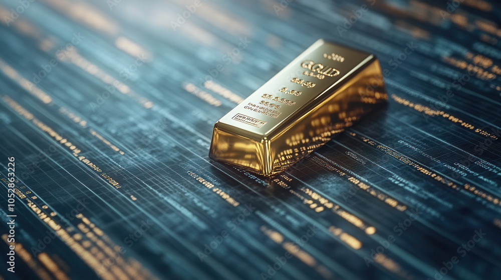gold bar resting on stock market ticker tape symbolizes wealth and investment opportunities. shimmering gold contrasts with digital data, evoking sense of financial growth and prosperity gold bar resting on stock market ticker tape symbolizes wealth and investment opportunities. shimmering gold contrasts with digital data, evoking sense of financial growth and prosperity