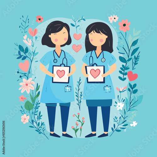 Nurses with Heart Symbol Surrounded by Florals