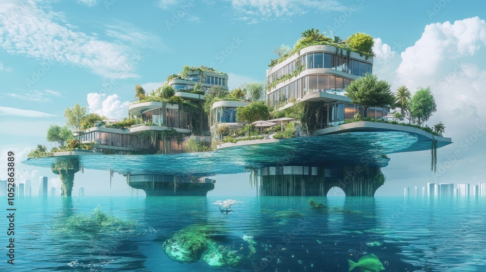 Obraz premium A futuristic, eco-friendly floating city with lush greenery, swimming pools, and modern architecture.