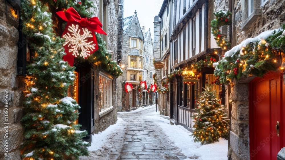 Fototapeta premium Small-town American main street decorated for Christmas holiday lights sparkling