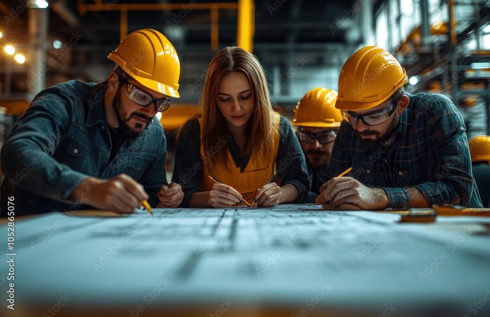 Team of Engineers Working on Construction Blueprint in Industrial Setting Team of Engineers Working on Construction Blueprint in Industrial Setting