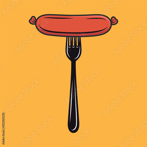 Flat Vector Cartoon Sausage on Fork. Sausage Illustration for BBQ, Food Design. Sausage Clipart for Menu and Culinary Concept. Front View