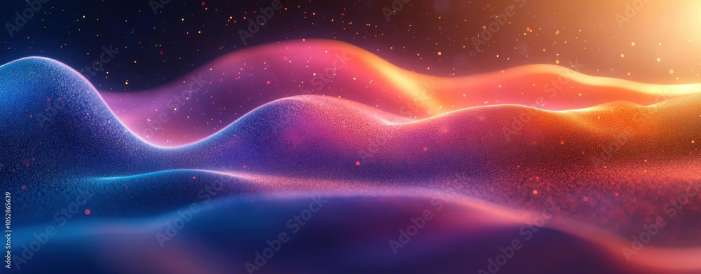 A vibrant, abstract landscape featuring flowing waves of color, illuminated by warm light, creating a dreamy and atmospheric scene. A vibrant, abstract landscape featuring flowing waves of color, illuminated by warm light, creating a dreamy and atmospheric scene.