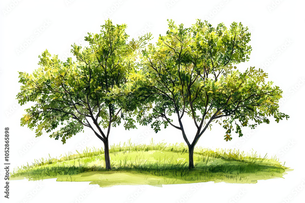Two lush green trees stand on a grassy hill, creating a serene natural scene. The vibrant foliage suggests a healthy, thriving ecosystem. Two lush green trees stand on a grassy hill, creating a serene natural scene. The vibrant foliage suggests a healthy, thriving ecosystem.