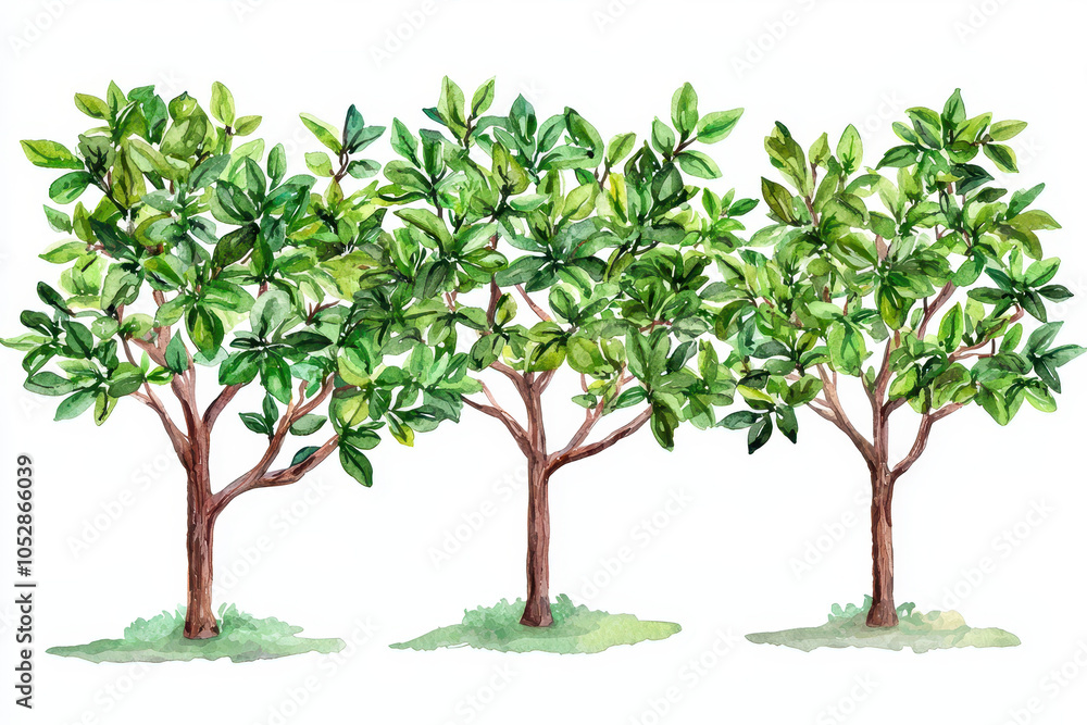 Obraz premium Three lush green trees with vibrant leaves, depicted in a watercolor style, showcasing the beauty of nature and plant life.