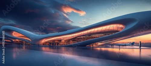 Modern futuristic airport terminal building at sunset with a plane taking off.