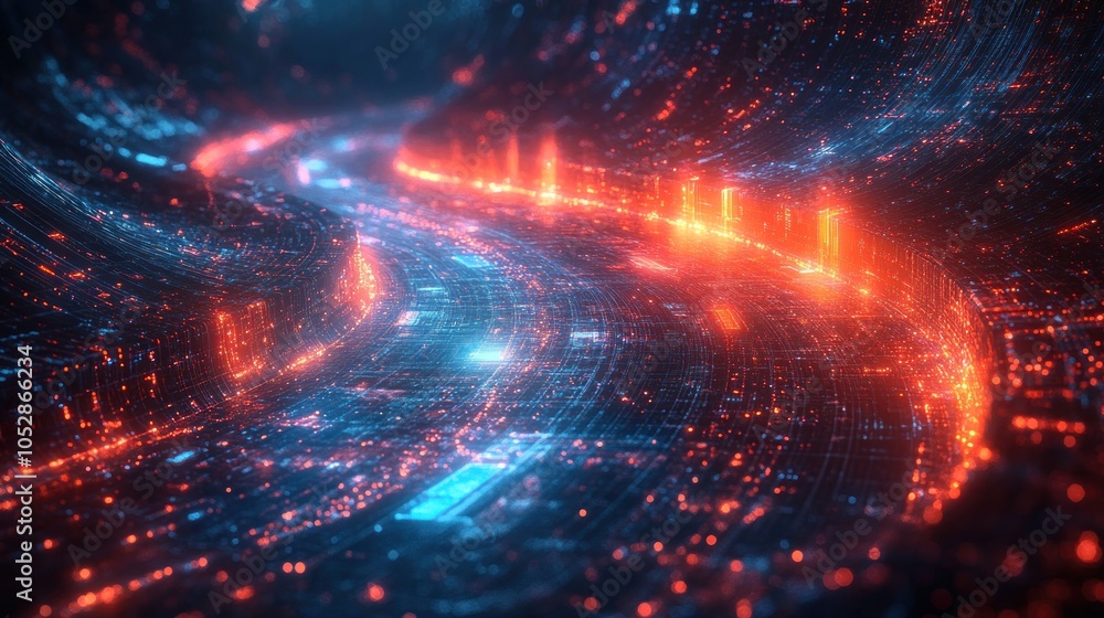 Fototapeta premium Abstract digital landscape with glowing lines and particles.