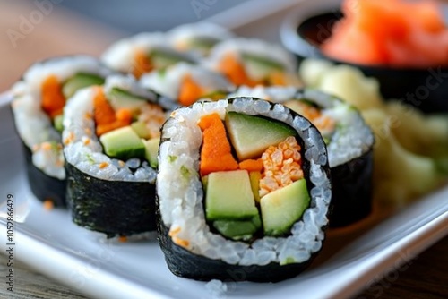 A vegan sushi roll made with avocado, cucumber, and carrot, served with tamari dipping sauce and pickled ginger. photo