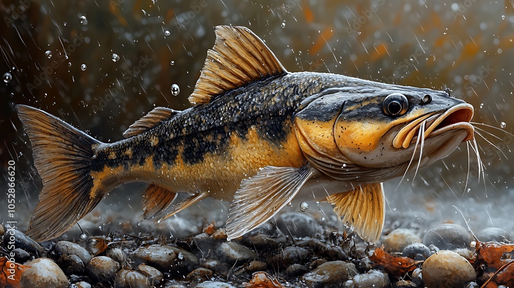 Fototapeta premium A catfish with a mottled yellow and brown body swims through the water in a rain shower.